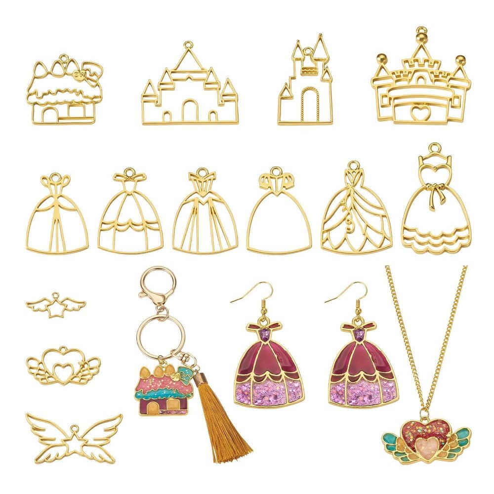 3803 26Pcs Castle Open Back Bezel Pendants Golden Fairy Princess Dress